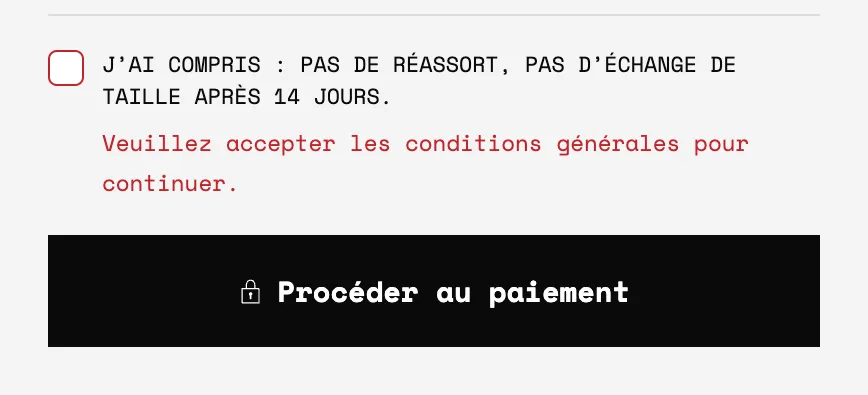 Aperçu : Case des conditions avant paiement