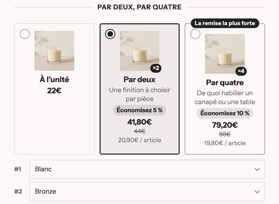 Aperçu : Une variante par article du lot