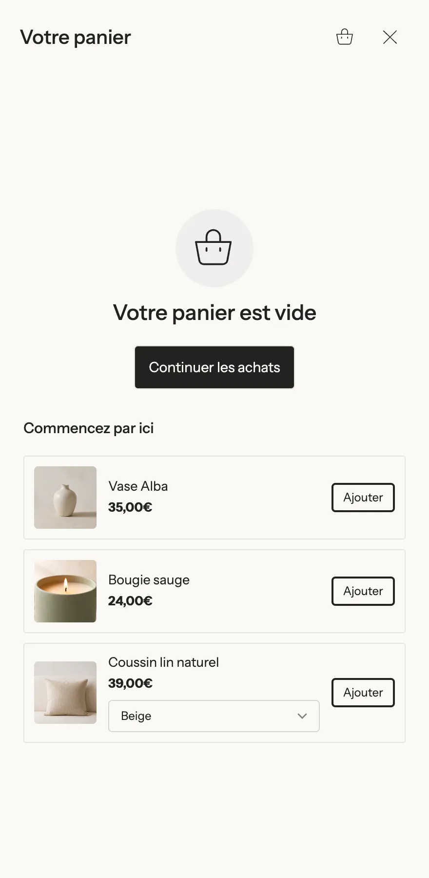 Aperçu : Panier vide qui relance
