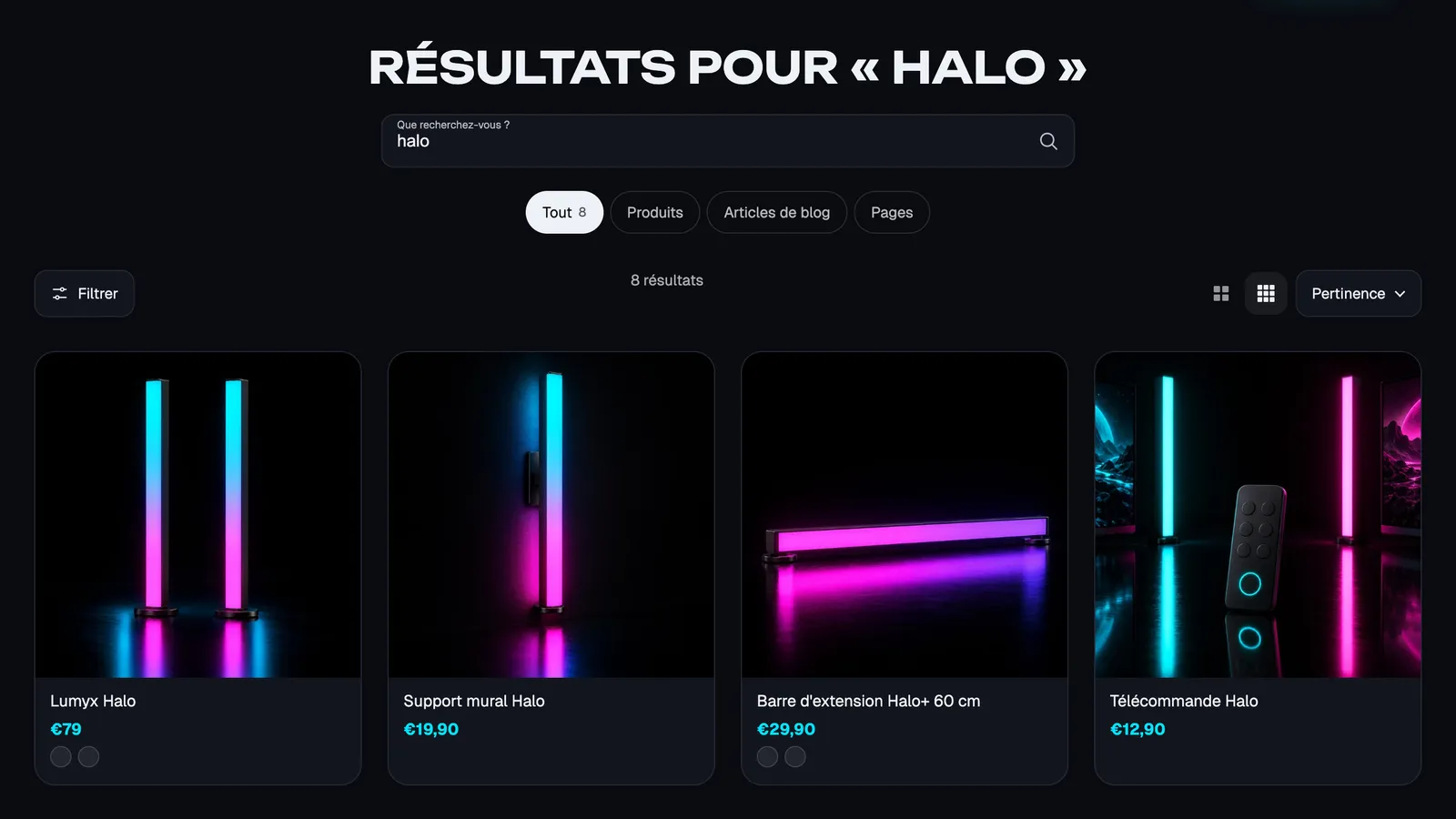 Aperçu : Page de recherche à onglets